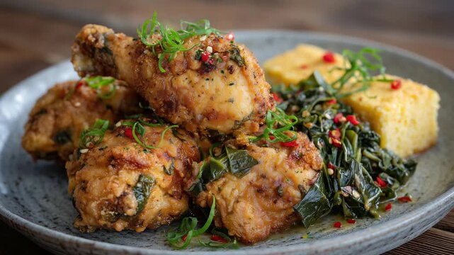 Indulge in a Southern feast featuring crispy fried chicken drumsticks, cornbread, buttery corn on the cob, and savory collard greens, all garnished with red pepper.