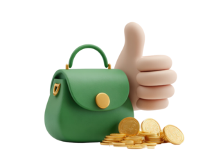 Green handbag, thumbs up, pile of gold coins.  A 3D rendering of a green handbag with a gold clasp, a cartoon hand giving a thumbs up gesture, and a stack of gold coins
