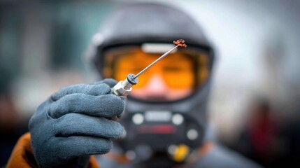 Technician in action performing field calibration on a particulate matter sensor medium shot with clear focus on sensor tip and defocused background.