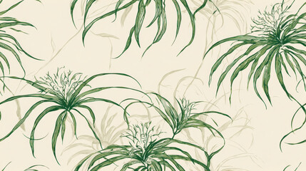 Delicate seamless illustration of spider plant with airy arching leaves in fine green line art on beige background