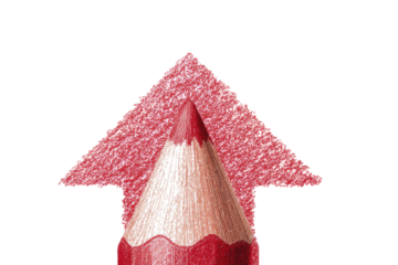 A red-pink pencil positioned within a stylized arrow pointing upward