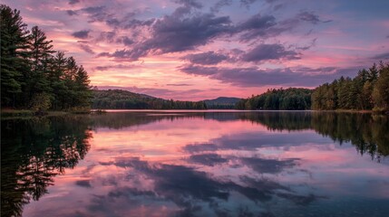 Fototapeta premium Vibrant sunset over a serene lake reflecting colorful clouds and trees.