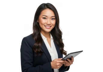 Smiling asian woman holding tablet isolated on transparent background