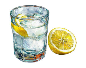A glass of water with ice cubes and a lemon slice