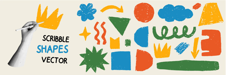 Vector abstract scribble shapes. Hand drawn crowns, arrows, clouds and brush strokes in colorful doodle style. Concept of graphic design and modern illustration