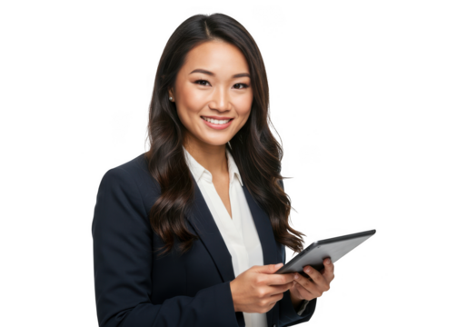 Smiling asian woman holding tablet isolated on transparent background