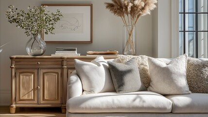 Warm modern classic living space Studio McGee style The scene features a cozy creamcolored sofa with a mix of chunky knit and subtly patterned cushions Dominat.