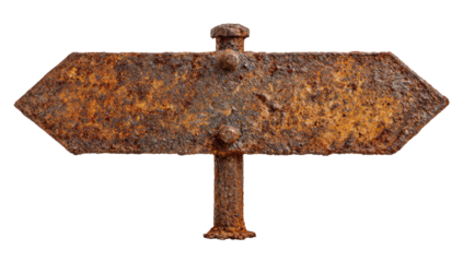 Rusty, weathered directional sign.  Two rusted arrows point outward