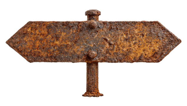 Rusty, weathered directional sign.  Two rusted arrows point outward