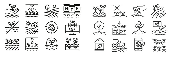 Collection of agricultural icons representing modern farming techniques and practices for sustainable crop management