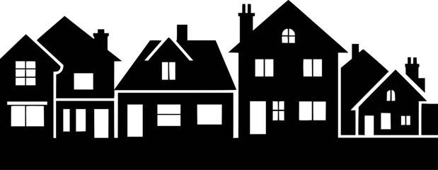 Black silhouette of diverse houses with windows and chimneys buildings architecture
