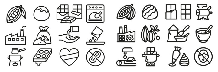 Collection of icons representing chocolate production processes, from bean to finished products, in a minimalistic design