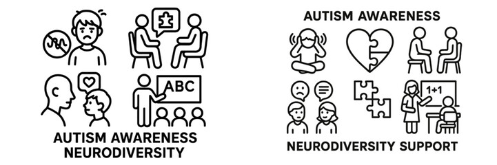 Illustrations promoting autism awareness and neurodiversity support in educational and community settings