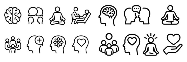Various icons representing mental health, communication, and wellness practices for understanding emotions and relationships