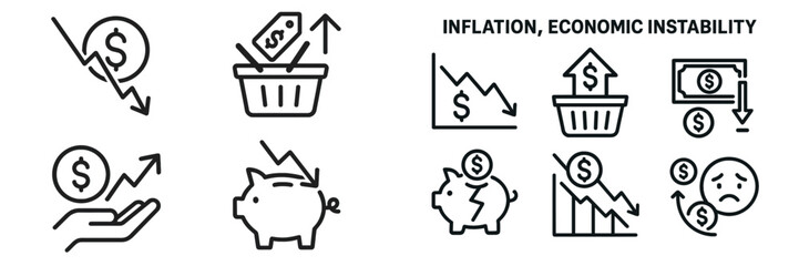 Economic instability and inflation trends illustrated through various financial icons