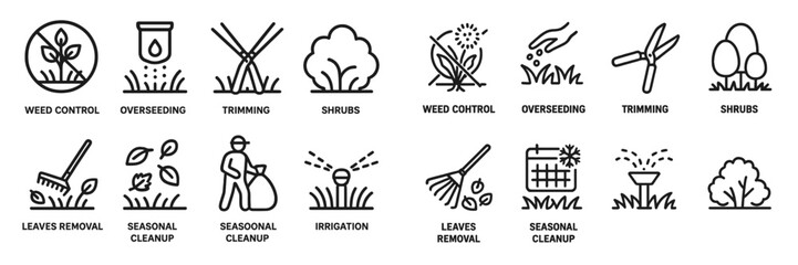 Landscaping and yard maintenance symbols illustrating various gardening activities and seasonal tasks in a clean, minimalist design