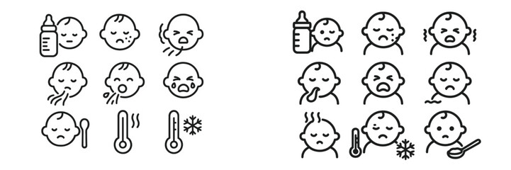 Illustration of baby care emotions and activities related to health and wellness in a caregiving environment
