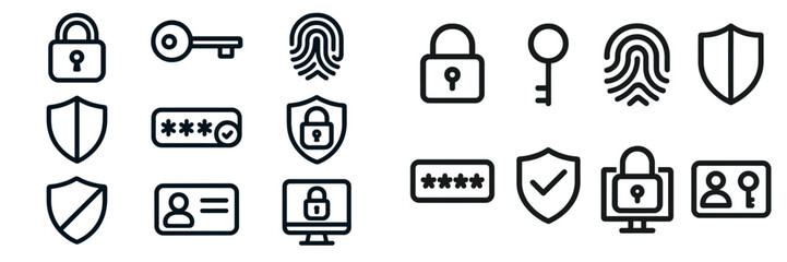 Collection of security icons displaying different aspects of digital protection and authentication methods