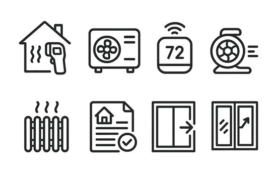 Various symbols representing heating and cooling systems in a home environment with temperature controls and maintenance icons