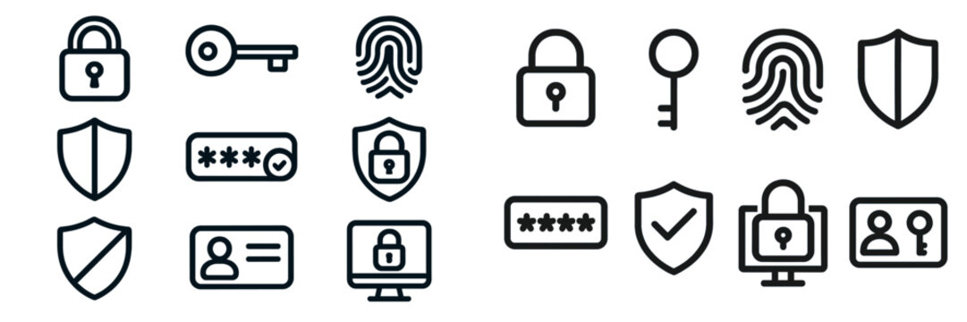 Collection of security icons displaying different aspects of digital protection and authentication methods