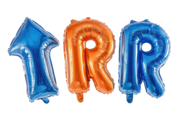 Three colorful, inflated letter balloons.  Blue "1," orange "R," and blue "R."  Glossy finish
