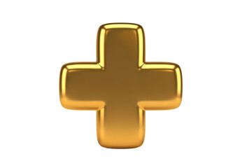 Obraz premium Golden plus sign rendered with glossy finish isolated on transparent background