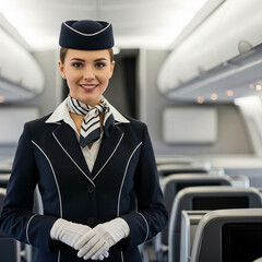 Charming young flight attendant posing with warm hospitality, modern cabin interior blurred in the background, neat uniform with hat and gloves, natural makeup, professional portrait photography style