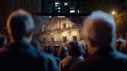 Close medium shot capturing a VR hologram projection of a demolished synagogues façade in sharp detail with attendees in the background softly blurred during a memorial gathering.
