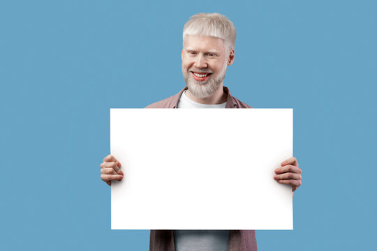Look here. Excited albino guy holding blank poster with copy space on studio background. Bearded man with unusual appearance, pale skin and white hair holding paper placard for ad, panorama