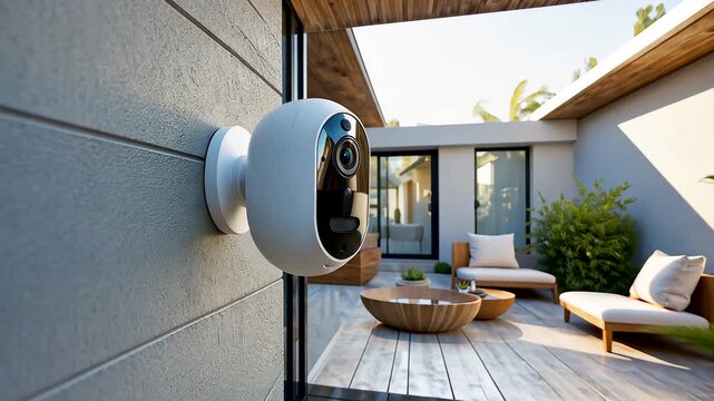 Modern outdoor security camera mounted on house wall overlooking patio with furniture and green plants in daylight