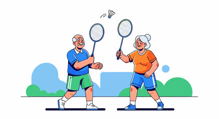 Happy senior couple playing badminton together, enjoying active lifestyle, fitness, and fun exercise in retirement, promoting health, bonding, and energetic elderly activities