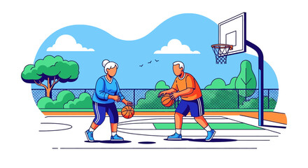 Active senior couple playing basketball together outdoors, enjoying fitness, fun, teamwork, and healthy lifestyle during retirement in a park sports court with nature background