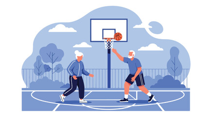 Active senior couple playing basketball together outdoors, enjoying fitness, fun, teamwork, and healthy lifestyle during retirement in a park sports court with nature background