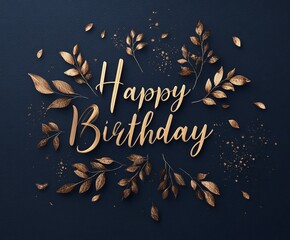 Elegant Happy Birthday greeting with golden leaves on a blue background
