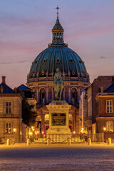 The Marble Church and parts of Amalieborg Castle in Copenhagen, Denmark, after sunset