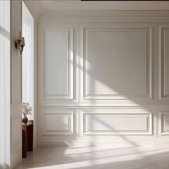 luxury interior design modern white wall with elegant rectangular frame molding decorative wall paneling highend minimalist aesthetic soft natural lighting whi.