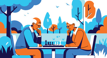 Elderly couple playing chess together outdoors, enjoying strategic thinking and mental wellness. Senior activity promoting brain health, leisure, and quality retirement lifestyle
