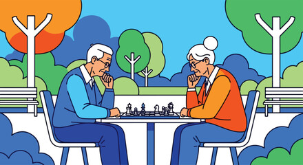 Elderly couple playing chess together outdoors, enjoying strategic thinking and mental wellness. Senior activity promoting brain health, leisure, and quality retirement lifestyle