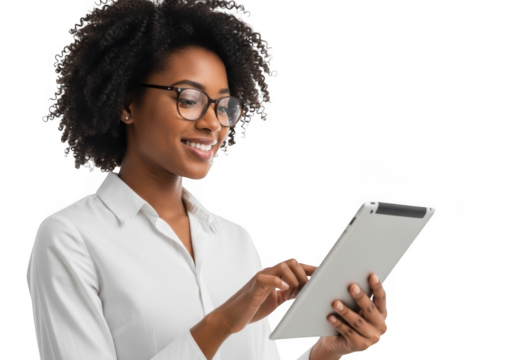 Smiling woman in glasses holding a tablet isolated on transparent background