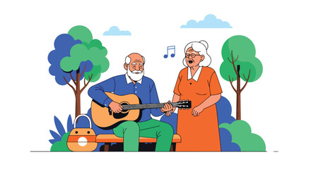 Elderly couple enjoying music together in the park. Senior man playing guitar while woman sings joyfully, symbolizing love, harmony, and creative retirement lifestyle