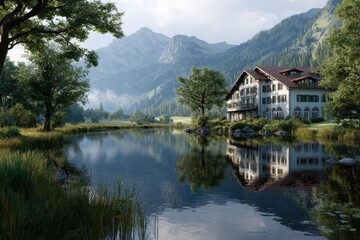 Scenic lake view with hotel and lush mountains creating a perfect golf course landscape at sunrise