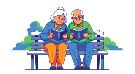 Elderly couple sitting on park bench reading books together. Happy seniors enjoying leisure, relaxation, knowledge, and peaceful lifestyle in retirement outdoors