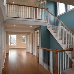 Teal wall with white trim in background in forground is an upper level of the house with new wood floors and on the right side is a wood handrail about 3 ft hi.