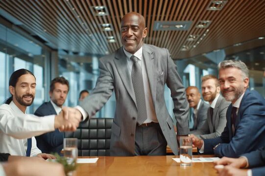 Middle age black businessman in a boardroom meeting clients