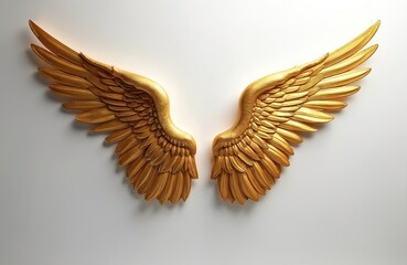 Obraz premium Pair of golden angel wings on white background. Shiny metallic feathers arranged symmetrically, creating depth, dimension with smooth texture. Elegant wings symbolize grace, purity, heavenly beauty,