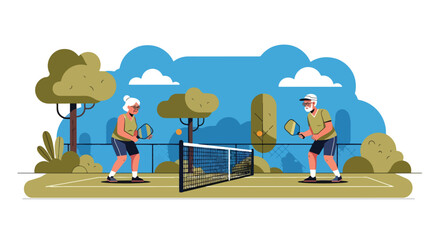Elderly couple playing pickleball together on outdoor court. Active seniors enjoying healthy lifestyle, exercise, and fun sport activity in retirement, promoting fitness and wellness