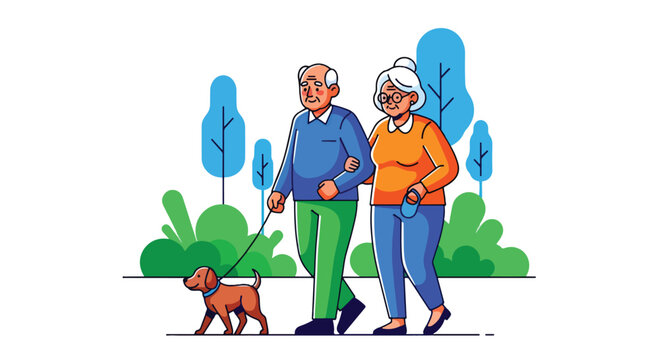 Happy elderly couple walking their dog in the park on a sunny day. Active senior lifestyle illustration promoting health, companionship, outdoor fitness, and retirement joy - Powered by Adobe