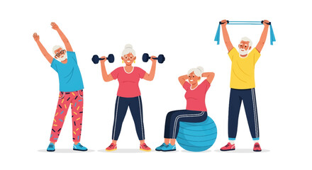 Elderly couple exercising together with resistance bands, fitness ball, dumbbells, and stretching. Inspiring senior activity illustration promoting health, energy, and wellness