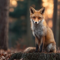 Naklejka premium Detailed Portrait of a Wild Red Fox Sitting in a Forest at Sunset