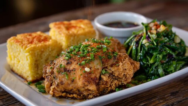 Mouthwatering close-up of crispy fried chicken thighs, fluffy cornbread, charred corn with paprika, and vibrant Southern sides.